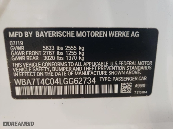 2020 BMW 7 Series 740i xDrive with VIN WBA7T4C04LGG62734, listed as a Copart auction lot 54722014 with 77,203 mi miles and Salvage Title. Bid and sale history available at carsss.com. Image 12.