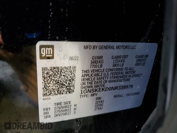 2022 Chevrolet Suburban RST with VIN 1GNSKEKD0NR339979, listed as a Copart auction lot 57858355 with 20,359 mi miles and Salvage title. Bid and sale history available at DreamBid. Image 13.