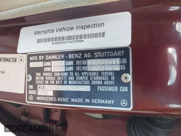 1985 Mercedes-Benz 300 with VIN WDBAB33CXFA233598, listed as a IAAI auction lot 41975316 with 149,707 mi miles and . Bid and sale history available at DreamBid. Image 9.