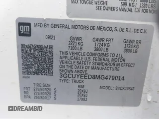 2021 Chevrolet Silverado 1500 RST with VIN 3GCUYEED8MG479014, listed as a IAAI auction lot 41405943 with 62,977 mi miles. Bid and sale history available at carsss.com. Image 9.