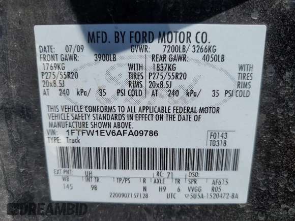 2010 Ford F-150 XL with VIN 1FTFW1EV6AFA09786, listed as a Copart auction lot 54954795 with 152,305 mi miles and Salvage title. Bid and sale history available at DreamBid. Image 12.
