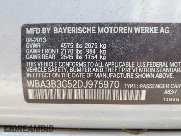 2013 BMW 3 Series 328i xDrive with VIN WBA3B3C52DJ975970, listed as a IAAI auction lot 42280624 with 2,262,225 mi miles and . Bid and sale history available at DreamBid. Image 9.
