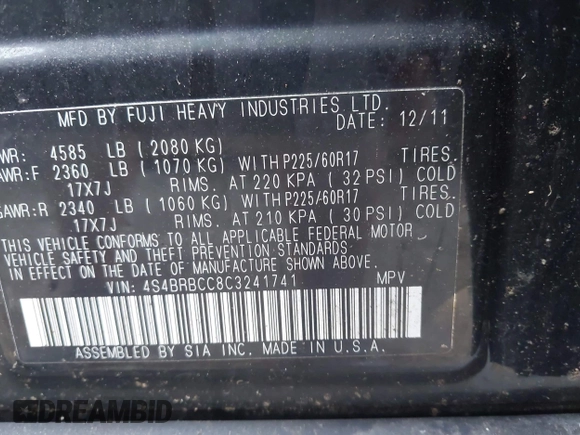 2012 Subaru Outback Prem with VIN 4S4BRBCC8C3241741, listed as a IAAI auction lot 42662260 with 166,769 mi miles and . Bid and sale history available at DreamBid. Image 9.