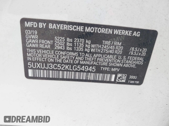 2019 BMW X4 xDrive30i with VIN 5UXUJ3C52KLG54945, listed as a IAAI auction lot 42083434 with 153,956 mi miles and . Bid and sale history available at DreamBid. Image 9.