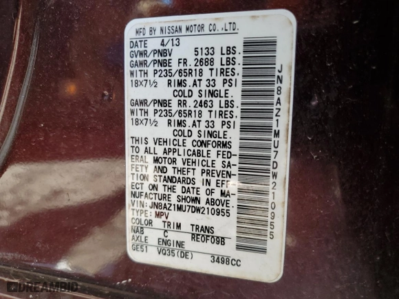 2013 Nissan Murano SV with VIN JN8AZ1MU7DW210955, listed as a Copart auction lot 80844954 with 90,944 mi miles and Salvage Title. Bid and sale history available at carsss.com. Image 15.