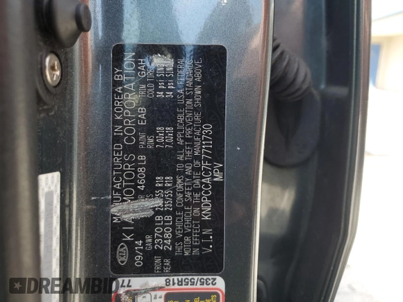 2015 Kia Sportage EX with VIN KNDPCCAC7F7711730, listed as a Copart auction lot 57144895 with 88,661 mi miles and Salvage title. Bid and sale history available at DreamBid. Image 13.