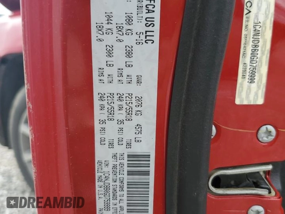 2016 Jeep Compass Sport SE with VIN 1C4NJDBB0GD759999, listed as a Copart auction lot 56983255 with 69,548 mi miles and Salvage title. Bid and sale history available at DreamBid. Image 13.