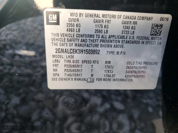 2017 Chevrolet Equinox LT with VIN 2GNALCEK3H1503892, listed as a Copart auction lot 49556155 with 124,122 mi miles and Salvage Title. Bid and sale history available at carsss.com. Image 15.