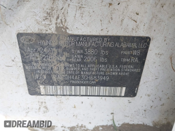 2016 Hyundai Elantra SE with VIN 5NPDH4AE3GH683949, listed as a IAAI auction lot 42577927 with Not provided miles and . Bid and sale history available at DreamBid. Image 9.