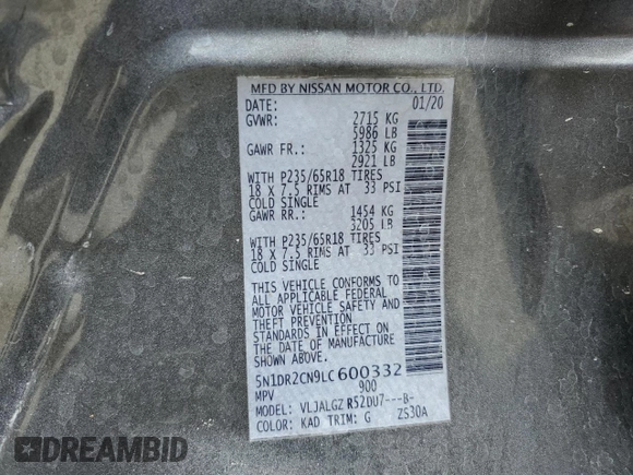 2020 Nissan Pathfinder SL with VIN 5N1DR2CN9LC600332, listed as a Copart auction lot 60995785 with 99,624 mi miles and Non repairable. Bid and sale history available at DreamBid. Image 14.