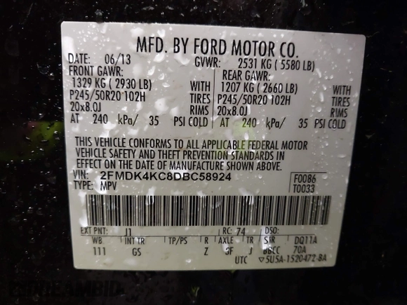 2013 Ford Edge Limited with VIN 2FMDK4KC8DBC58924, listed as a IAAI auction lot 41777046 with 210,617 mi miles. Bid and sale history available at carsss.com. Image 9.