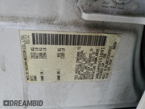2012 Nissan Altima SR with VIN 1N4BL2AP3CN551091, listed as a Copart auction lot 53424425 with 101,396 mi miles and Clean Title. Bid and sale history available at DreamBid. Image 12.
