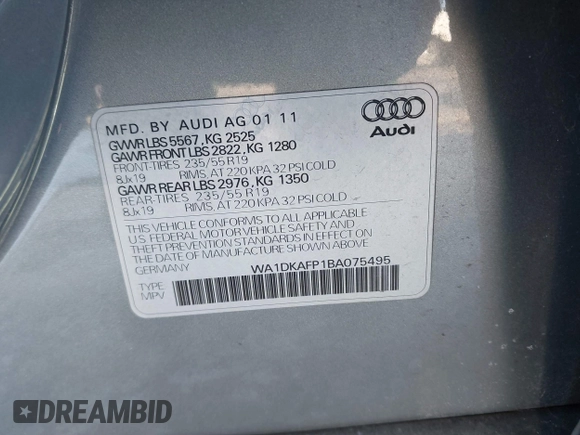 2011 Audi Q5 Premium Plus с VIN WA1DKAFP1BA075495, выставлен на аукционе IAAI как лот 41419035 с пробегом 184 993 миль миль и . История ставок и продаж доступна на DreamBid. Изображение 9.