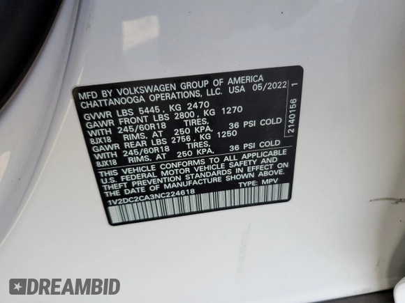 2022 Volkswagen Atlas SE with VIN 1V2DC2CA3NC224618, listed as a Copart auction lot 37555083 with 6,609 mi miles and . Bid and sale history available at DreamBid. Image 15.