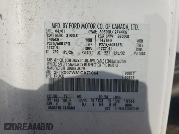 2001 Ford F-150 XL with VIN 2FTRX07W61CA71064, listed as a Copart auction lot 45308595 with 261,466 mi miles and Salvage Title. Bid and sale history available at carsss.com. Image 14.