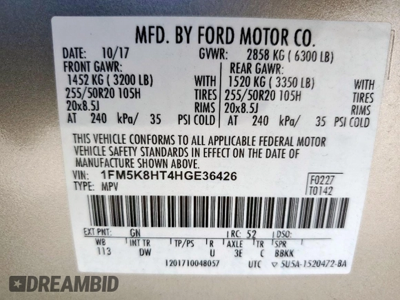 2017 Ford Explorer Platinum with VIN 1FM5K8HT4HGE36426, listed as a Copart auction lot 62105525 with 119,566 mi miles and Salvage title. Bid and sale history available at DreamBid. Image 13.