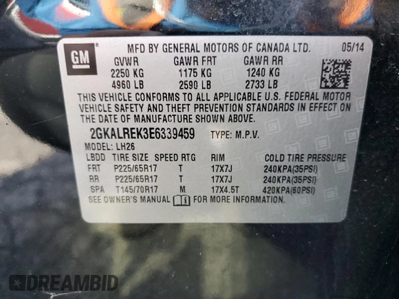 2014 GMC Terrain SLE with VIN 2GKALREK3E6339459, listed as a Copart auction lot 57564935 with 145,727 mi miles and Clean title. Bid and sale history available at DreamBid. Image 13.