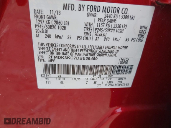 2013 Ford Edge Limited с VIN 2FMDK3KC7DBE36459, выставлен на аукционе IAAI как лот 42440159 с пробегом 193 844 миль миль и . История ставок и продаж доступна на DreamBid. Изображение 9.