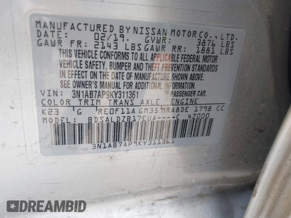 2019 Nissan Sentra S with VIN 3N1AB7AP9KY311361, listed as a IAAI auction lot 42258460 with 65,545 mi miles and . Bid and sale history available at DreamBid. Image 9.