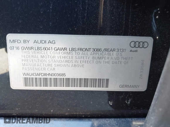 2017 Audi A8 L Sport with VIN WAU43AFDXHN003685, listed as a IAAI auction lot 41264314 with 114,828 mi miles. Bid and sale history available at carsss.com. Image 9.