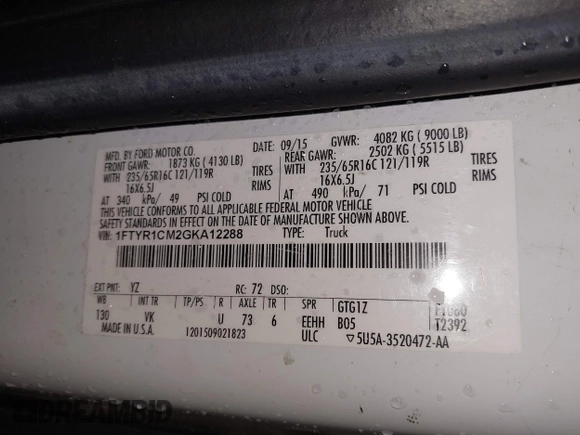 2016 Ford Transit Cargo with VIN 1FTYR1CM2GKA12288, listed as a IAAI auction lot 41752611 with 238,715 mi miles and . Bid and sale history available at DreamBid. Image 9.