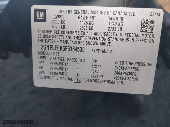 2015 Chevrolet Equinox LT with VIN 2GNFLFEK5F6164530, listed as a IAAI auction lot 41820412 with 135,863 mi miles. Bid and sale history available at carsss.com. Image 9.