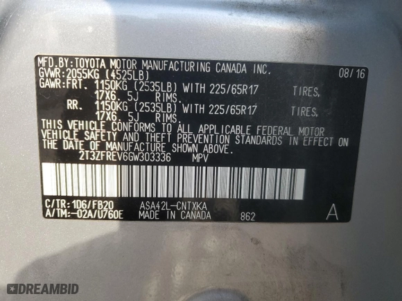 2016 Toyota RAV4 LE with VIN 2T3ZFREV6GW303336, listed as a Copart auction lot 50812565 with 93,557 mi miles and Salvage Title. Bid and sale history available at carsss.com. Image 15.