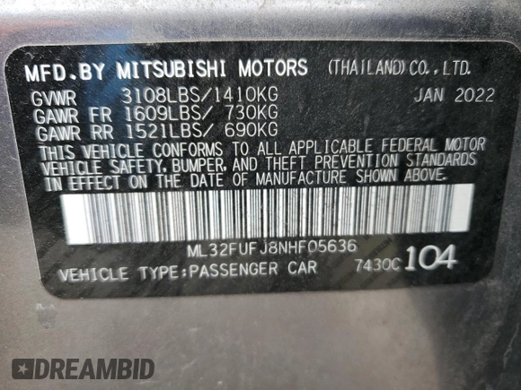 2022 Mitsubishi Mirage ES z VIN ML32FUFJ8NHF05636, wystawiony jako Copart lot #49816995 z przebiegiem 19 133 mil mil oraz Szkoda całkowita • Salvage title. Historia ofert i sprzedaży dostępna na DreamBid. Obrazek 12.