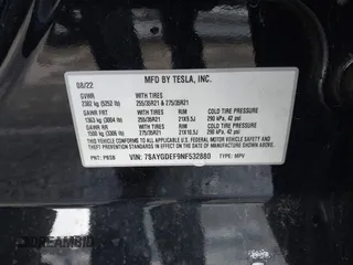 2022 Tesla Model Y Performance z VIN 7SAYGDEF9NF532880, wystawiony jako IAAI lot #41583671 z przebiegiem 38 057 mil mil oraz . Historia ofert i sprzedaży dostępna na DreamBid. Obrazek 9.