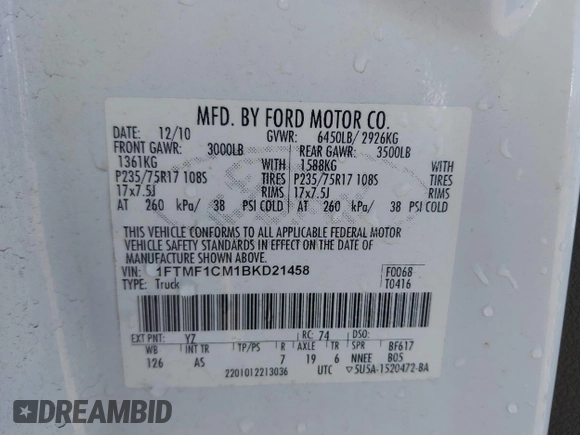 2011 Ford F-150 XL with VIN 1FTMF1CM1BKD21458, listed as a IAAI auction lot 42194507 with 126,992 mi miles and . Bid and sale history available at carsss.com. Image 9.