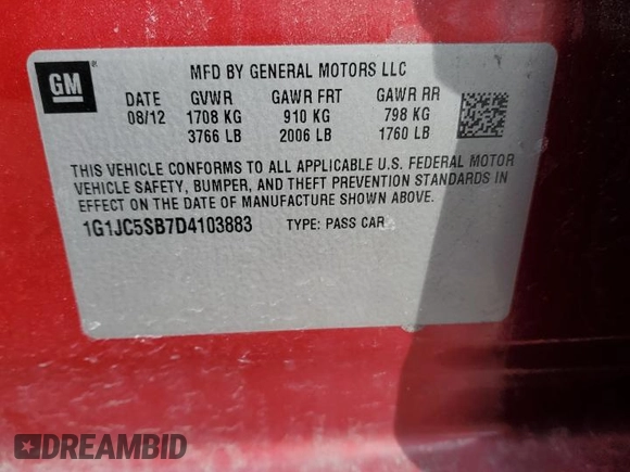 2013 Chevrolet Sonic LT with VIN 1G1JC5SB7D4103883, listed as a Copart auction lot 44175705 with 81,999 mi miles and Salvage Title. Bid and sale history available at DreamBid. Image 12.