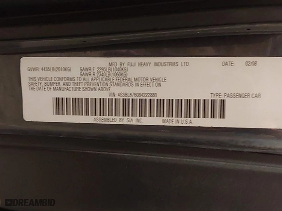 2008 Subaru Legacy (Natl) GT Ltd with VIN 4S3BL676084222880, listed as a IAAI auction lot 41568902 with 202662 miles. Bid and sale history available at carsss.com. Image 9.