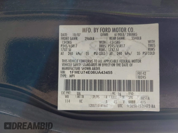2008 Ford Explorer Eddie Bauer with VIN 1FMEU74E08UA43455, listed as a IAAI auction lot 42130280 with 98,199 mi miles. Bid and sale history available at carsss.com. Image 9.