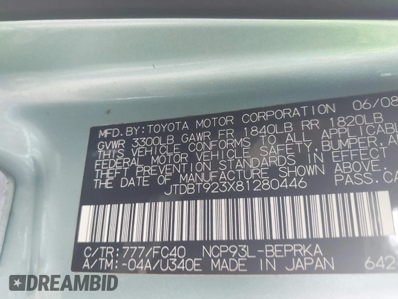 2008 Toyota Yaris с VIN JTDBT923X81280446, выставлен на аукционе IAAI как лот 42267007 с пробегом 127 013 миль миль и . История ставок и продаж доступна на DreamBid. Изображение 9.