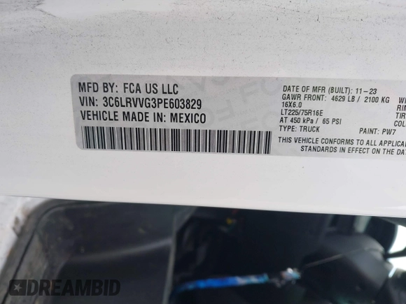 2023 Ram ProMaster Cargo with VIN 3C6LRVVG3PE603829, listed as a IAAI auction lot 41682802 with 8,408 mi miles and . Bid and sale history available at DreamBid. Image 8.