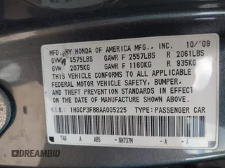2010 Honda Accord EX-L with VIN 1HGCP3F88AA005225, listed as a IAAI auction lot 42217473 with 193,322 mi miles and . Bid and sale history available at DreamBid. Image 9.