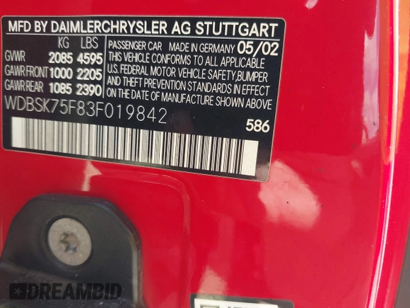 2003 Mercedes-Benz SL 500 with VIN WDBSK75F83F019842, listed as a IAAI auction lot 42155133 with Not provided miles and . Bid and sale history available at DreamBid. Image 9.