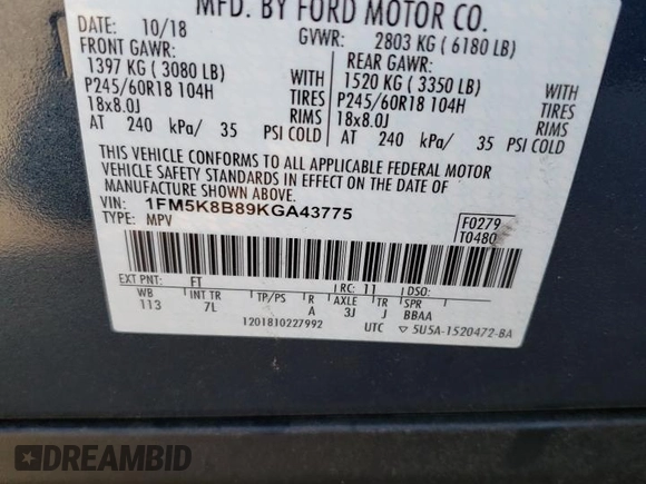 2019 Ford Explorer z VIN 1FM5K8B89KGA43775, wystawiony jako Copart lot #78695514 z przebiegiem 46 063 mil mil oraz Szkoda całkowita • Salvage title. Historia ofert i sprzedaży dostępna na DreamBid. Obrazek 13.