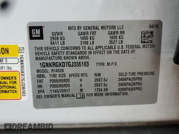2016 Chevrolet Traverse LT with VIN 1GNKRGKD7GJ336103, listed as a Copart auction lot 62030835 with 84,093 mi miles and Salvage title. Bid and sale history available at DreamBid. Image 14.