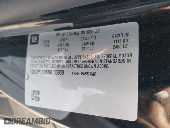 2011 Cadillac CTS Premium with VIN 1G6DP1ED6B0135939, listed as a IAAI auction lot 42082154 with 85,026 mi miles and . Bid and sale history available at carsss.com. Image 9.