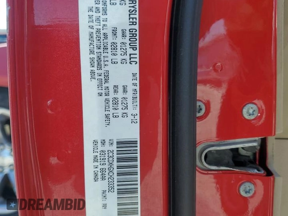 2012 Dodge Charger SXT with VIN 2C3CDXHGXCH233352, listed as a Copart auction lot 53357545 with 169,390 mi miles and Salvage Title. Bid and sale history available at DreamBid. Image 14.