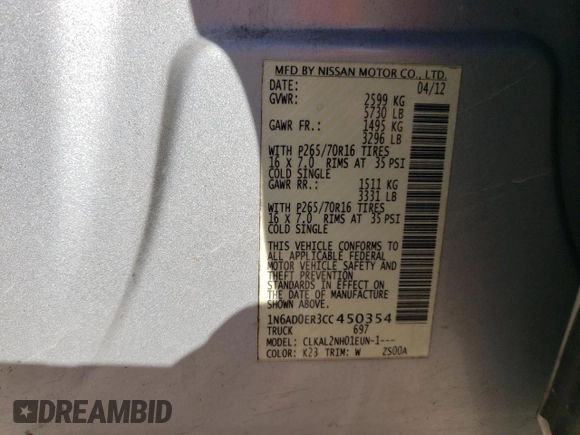 2012 Nissan Frontier SL z VIN 1N6AD0ER3CC450354, wystawiony jako Copart lot #80851824 z przebiegiem 188 276 mil mil oraz Szkoda całkowita • Salvage title. Historia ofert i sprzedaży dostępna na DreamBid. Obrazek 12.