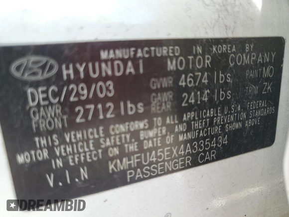 2004 Hyundai XG with VIN KMHFU45EX4A335434, listed as a Copart auction lot 51199575 with 179,114 mi miles and Salvage Title. Bid and sale history available at DreamBid. Image 14.