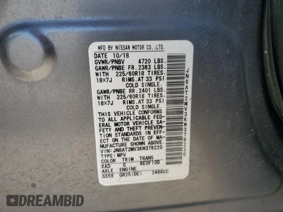 2019 Nissan Rogue SV with VIN JN8AT2MV3KW378220, listed as a Copart auction lot 53349015 with 60,812 mi miles and Salvage Title. Bid and sale history available at carsss.com. Image 14.