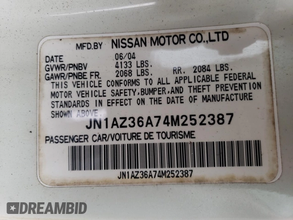 2004 Nissan 350Z Touring with VIN JN1AZ36A74M252387, listed as a Copart auction lot 71635494 with 45,040 mi miles and Salvage Title. Bid and sale history available at DreamBid. Image 13.
