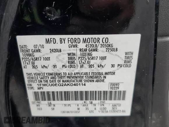 2010 Ford Escape Limited with VIN 1FMCU0EG2AKD40114, listed as a Copart auction lot 63455025 with 120,112 mi miles and Salvage title. Bid and sale history available at DreamBid. Image 13.