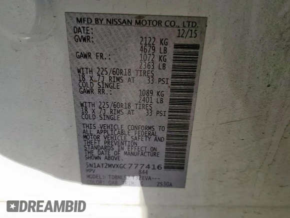 2016 Nissan Rogue S with VIN 5N1AT2MVXGC777416, listed as a Copart auction lot 48994035 with 90,964 mi miles and Salvage Title. Bid and sale history available at DreamBid. Image 13.