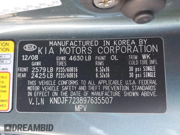 2009 Kia Sportage LX with VIN KNDJF723897635507, listed as a IAAI auction lot 41738092 with 159,850 mi miles. Bid and sale history available at carsss.com. Image 9.