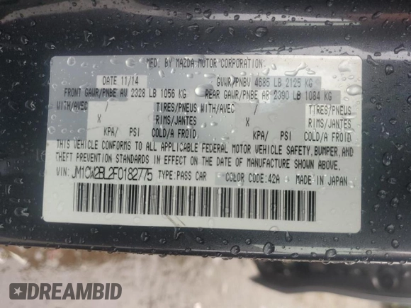2015 Mazda 5 Sport with VIN JM1CW2BL2F0182775, listed as a Copart auction lot 56796415 with 95,662 mi miles and Salvage title. Bid and sale history available at DreamBid. Image 13.