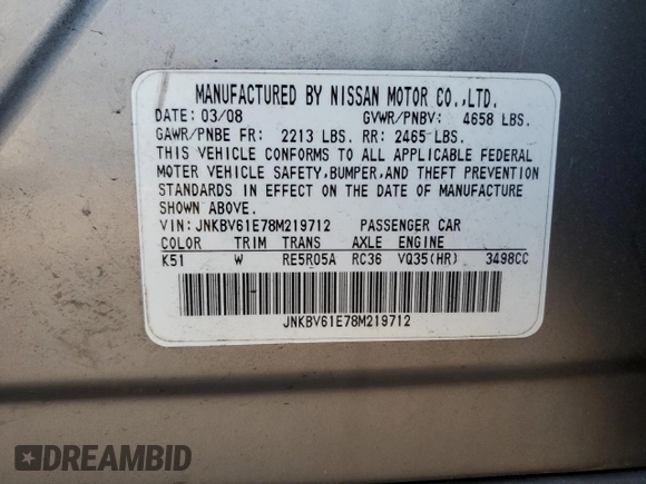 2008 Infiniti G35 Journey with VIN JNKBV61E78M219712, listed as a Copart auction lot 70047674 with 153,072 mi miles and Salvage Title. Bid and sale history available at DreamBid. Image 14.